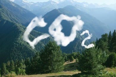 Image of Concept of clear air. CO2 inscription and beautiful mountain landscape