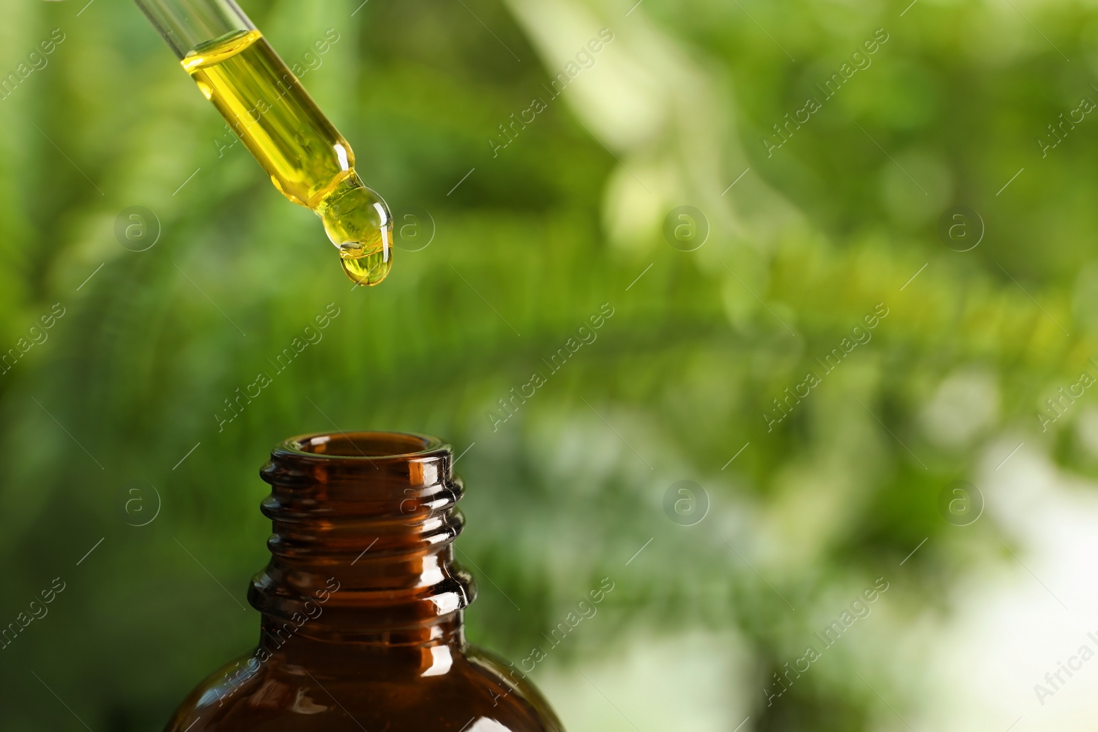 Photo of Pipette with oil over bottle on blurred background. Space for text