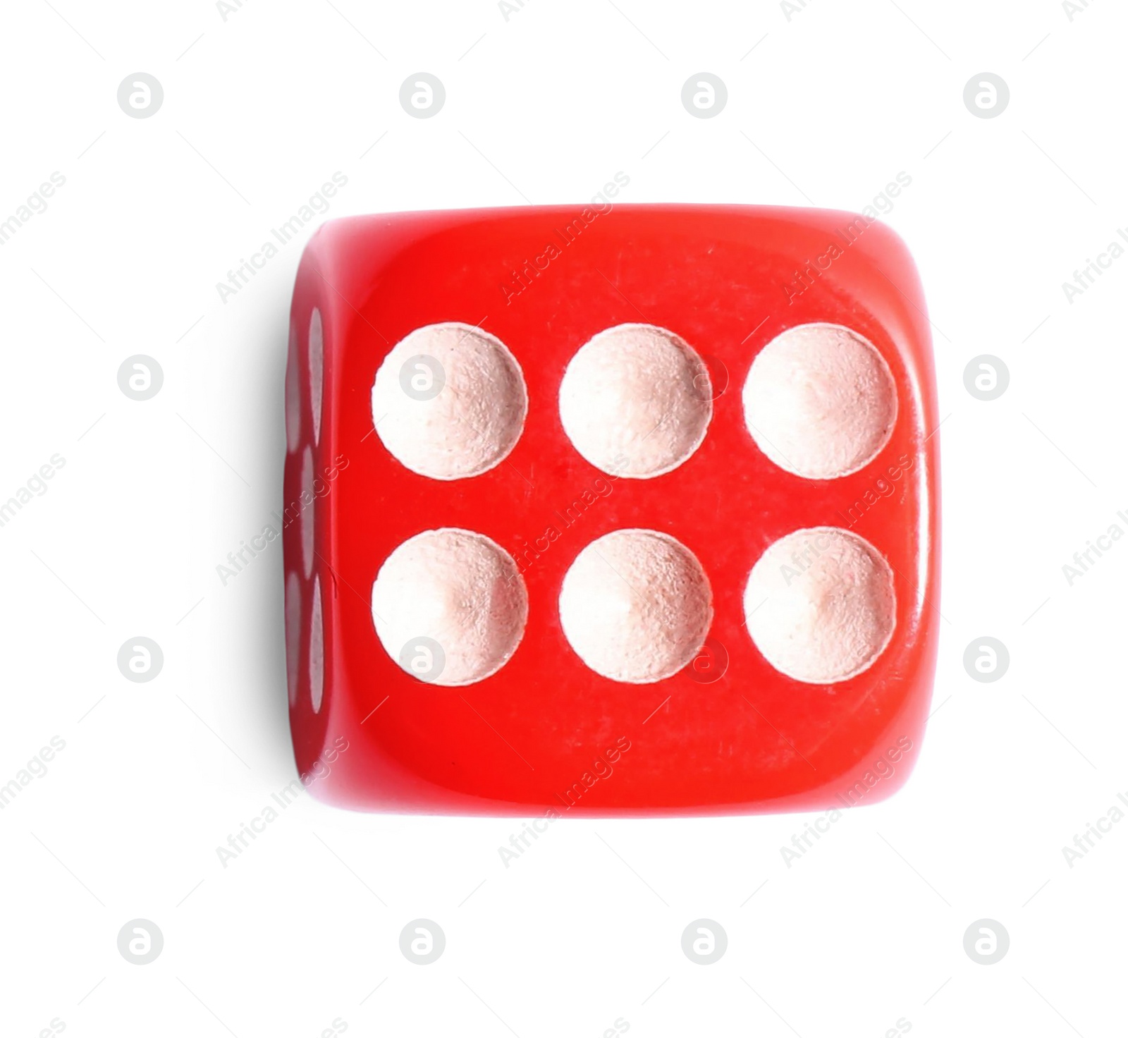 Photo of One red game dice isolated on white, top view