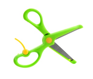 Photo of Pair of training scissors on white background