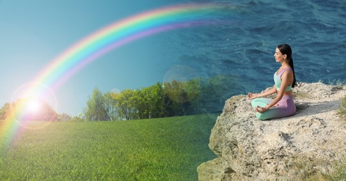 Woman meditating on cliff near sea and bright rainbow over meadow, double exposure. Banner design