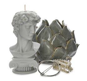 Beautiful David bust candle and accessories on white background