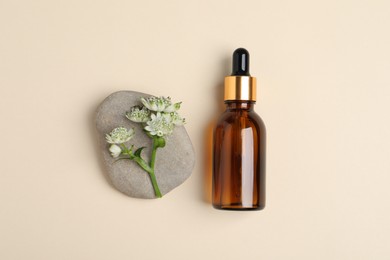 Photo of Bottle with cosmetic oil, stone and flower on beige background, flat lay
