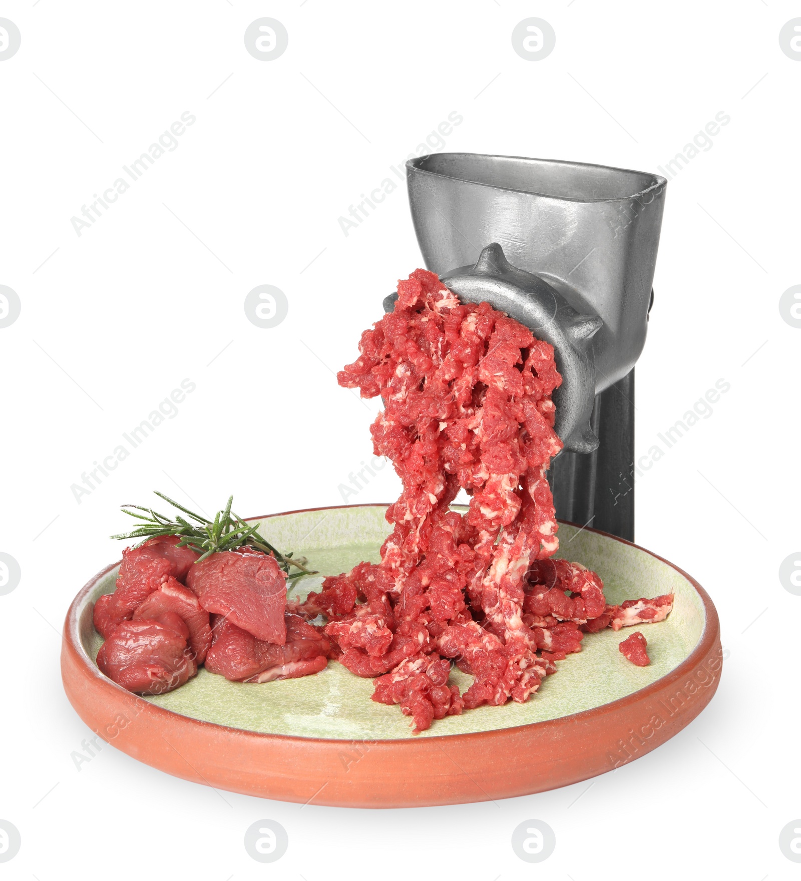 Photo of Metal meat grinder with minced beef and plate isolated on white