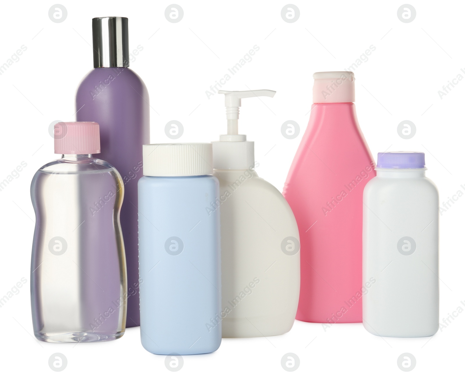 Photo of Bottles of baby cosmetic products on white background