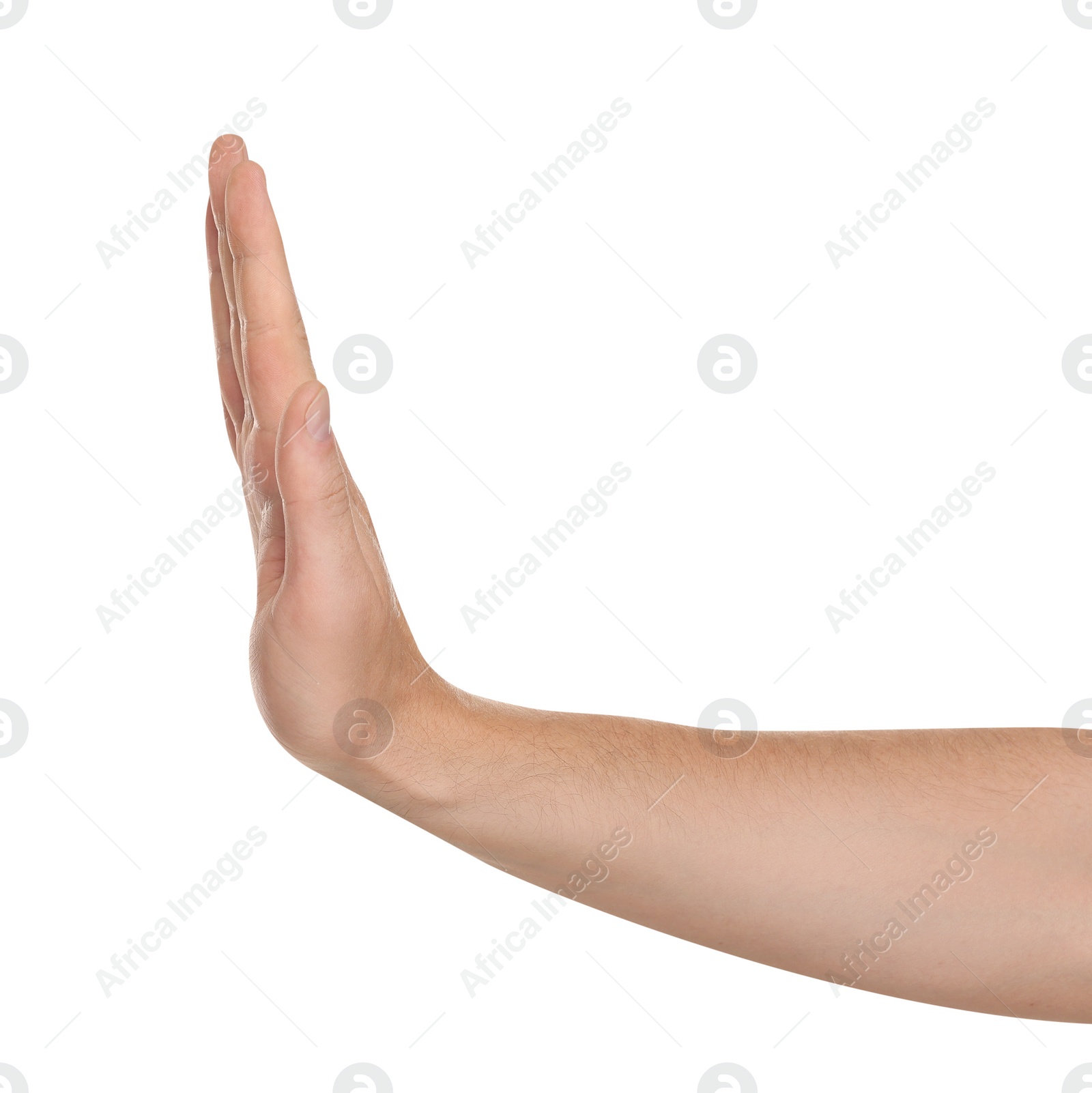 Photo of Man showing stop gesture isolated on white, closeup