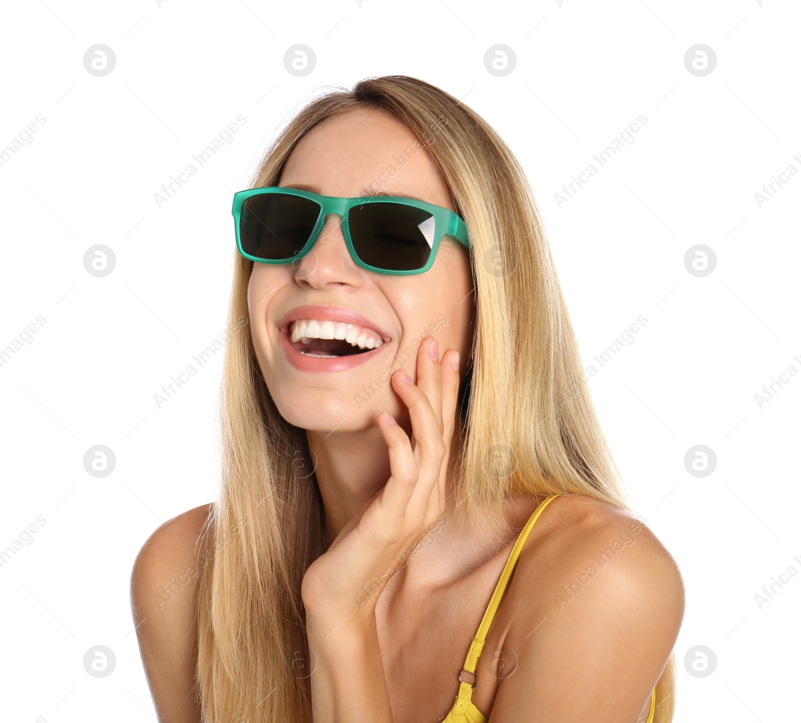 Photo of Beautiful woman in stylish sunglasses on white background