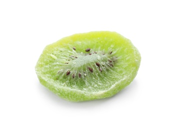 Photo of Slice of kiwi on white background. Dried fruit as healthy food