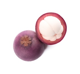 Delicious ripe mangosteen fruits on white background, top view