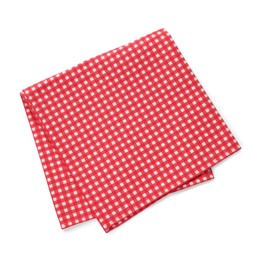 Red checkered tablecloth on white background, top view