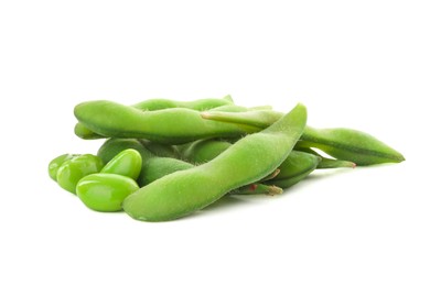 Photo of Fresh green edamame pods and beans on white background