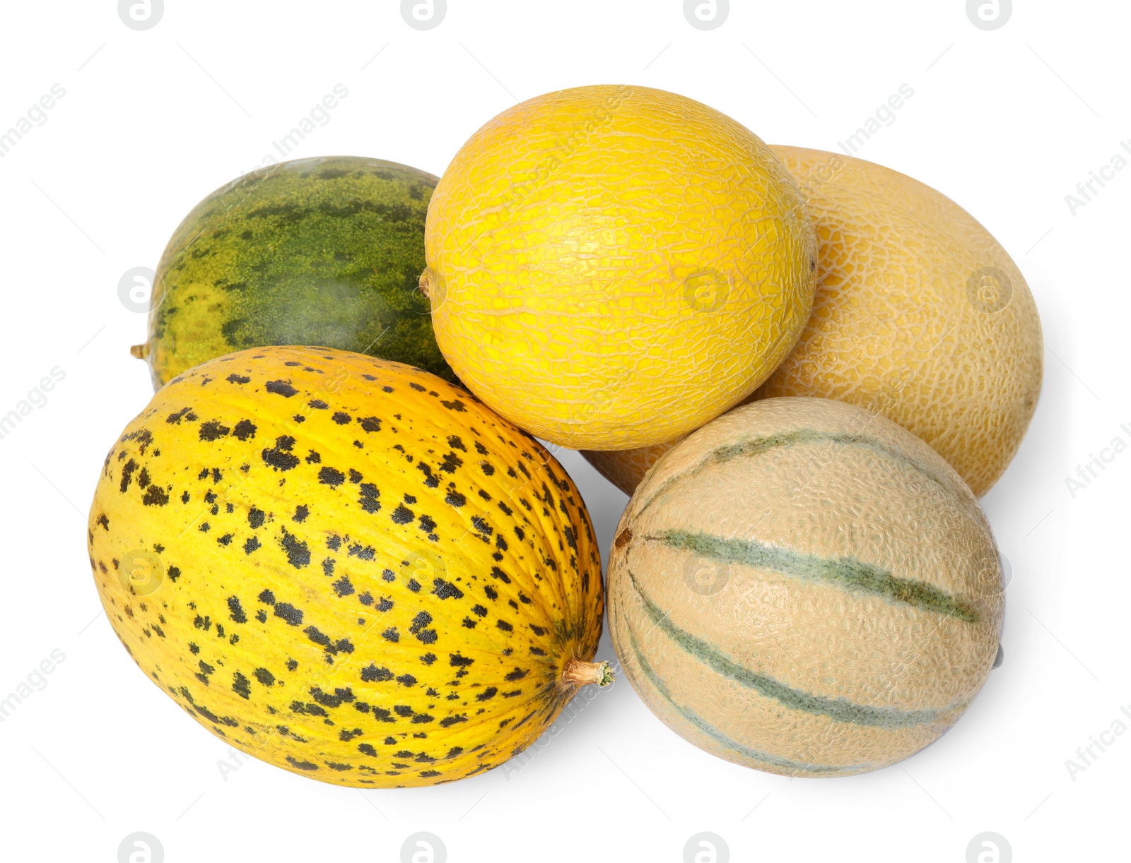 Photo of Tasty colorful ripe melons on white background, top view