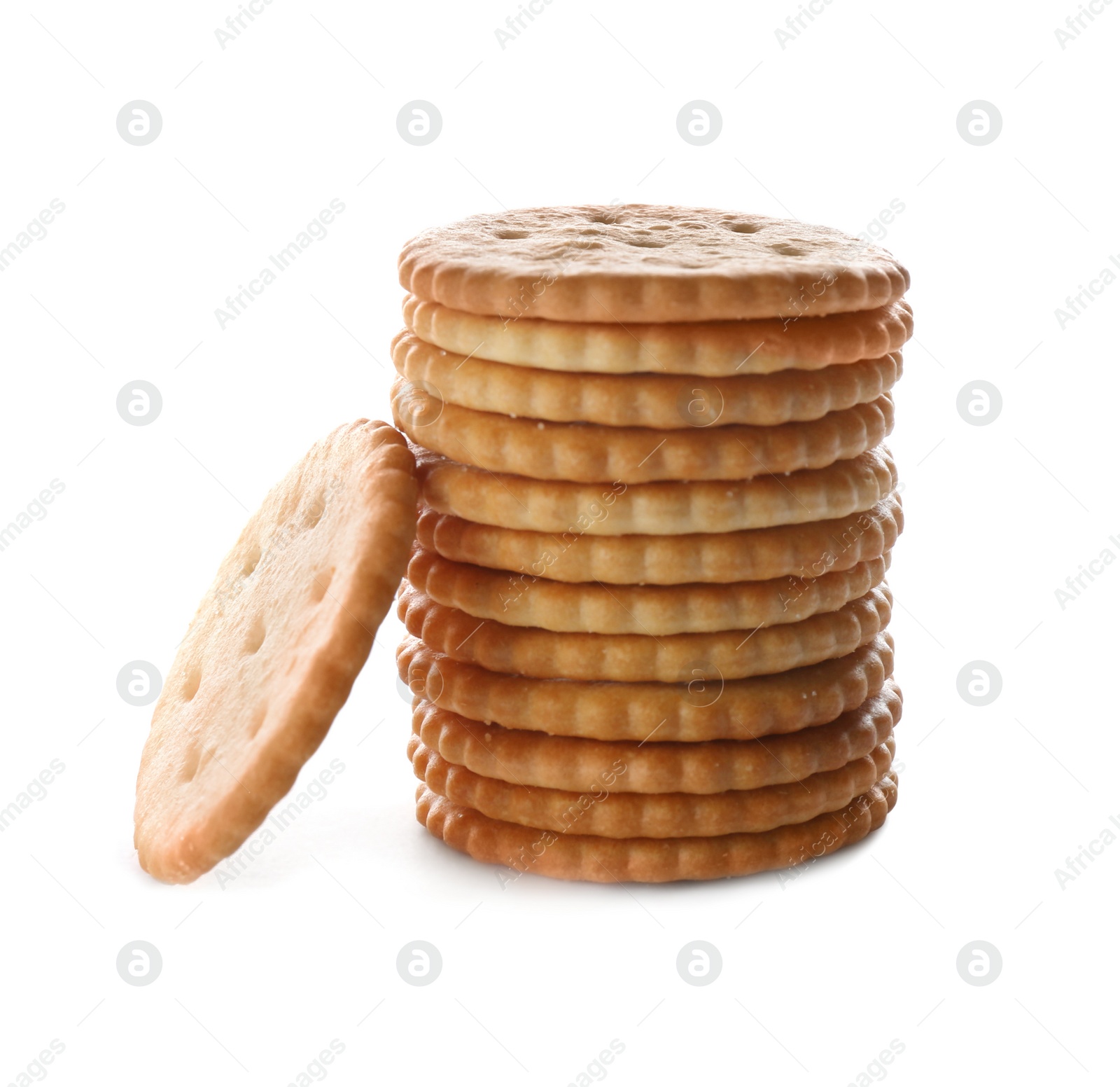 Photo of Stack of delicious crispy crackers isolated on white