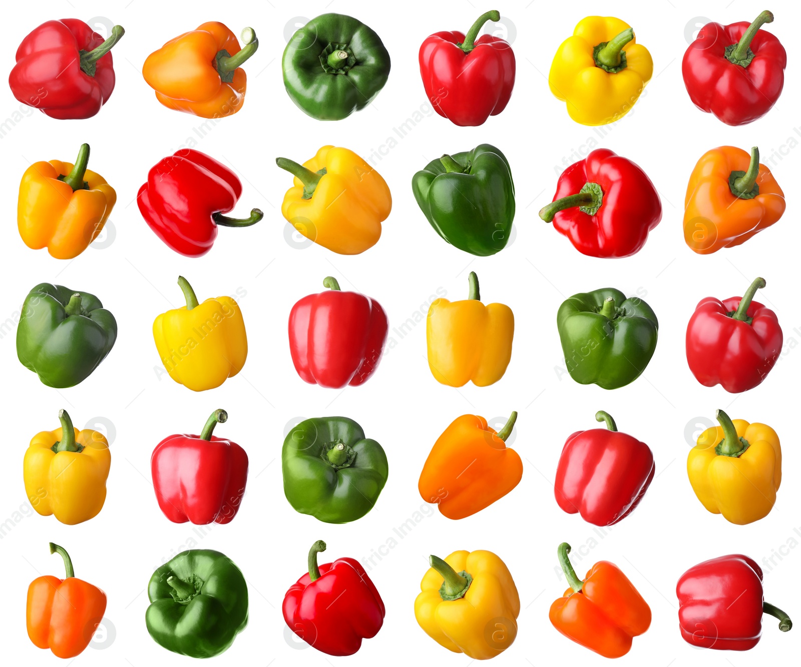 Image of Set of different ripe bell peppers on white background