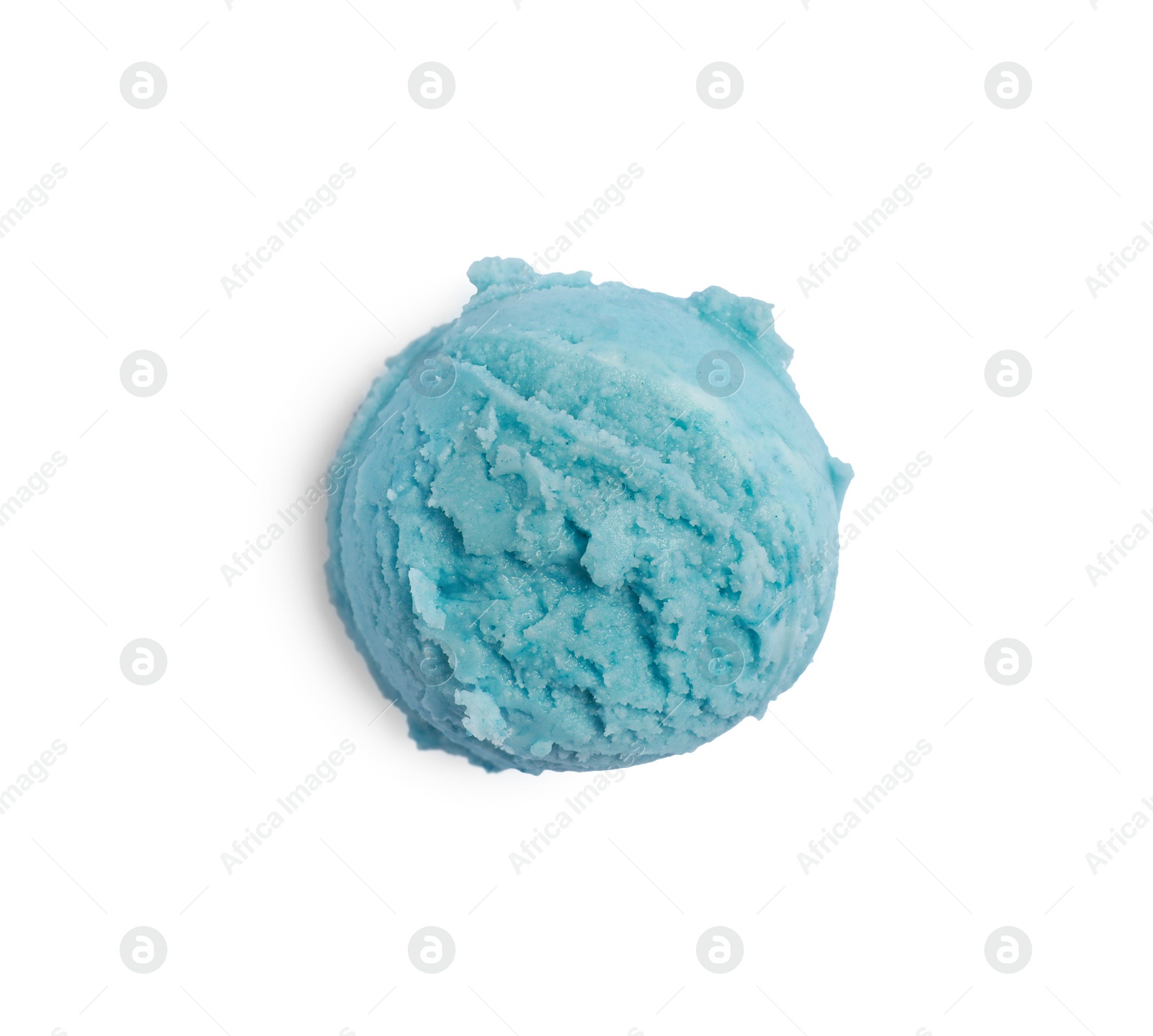 Photo of Scoop of tasty light blue ice cream isolated on white, top view