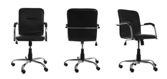 Image of Set with black office chairs with leather seats on white background. Banner design