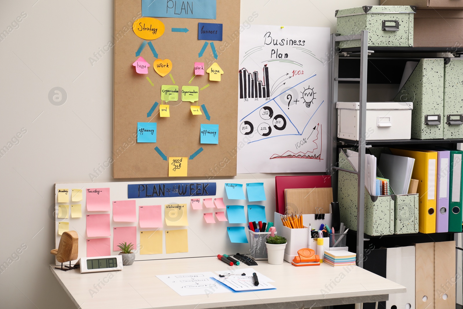 Photo of Business process planning and optimization. Workplace with colorful paper notes and other stationery on white wooden table