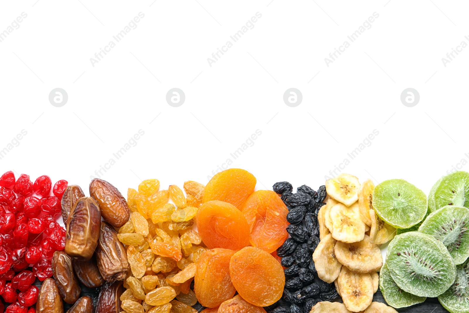 Photo of Different dried fruits on white background, top view. Healthy lifestyle