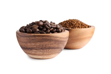 Bowls of instant coffee and beans on white background