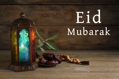 Image of Eid Mubarak greeting card. Arabic lantern, misbaha and dates on wooden table