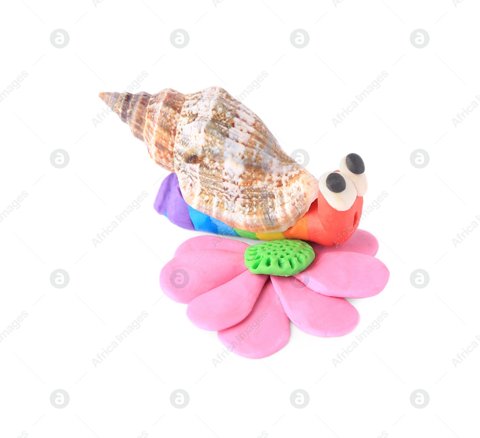 Photo of Beautiful plasticine snail with flower on white background. Children's handmade ideas