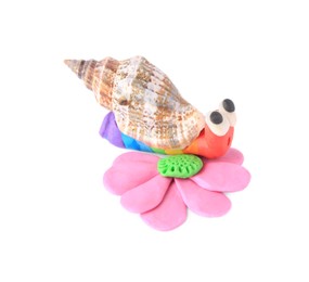 Photo of Beautiful plasticine snail with flower on white background. Children's handmade ideas