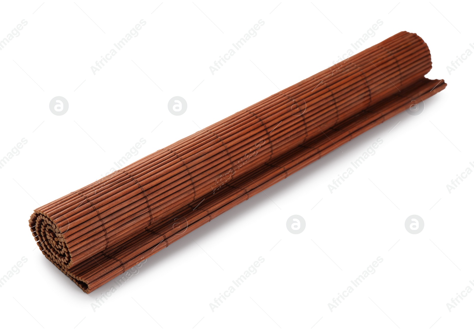 Photo of Rolled sushi mat made of bamboo on white background