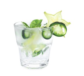 Spicy cocktail with jalapeno, carambola and mint isolated on white