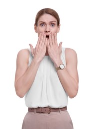 Photo of Portrait of emotional businesswoman on white background