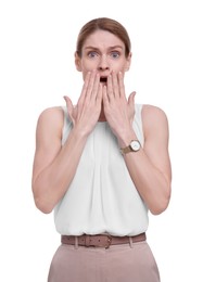 Portrait of emotional businesswoman on white background