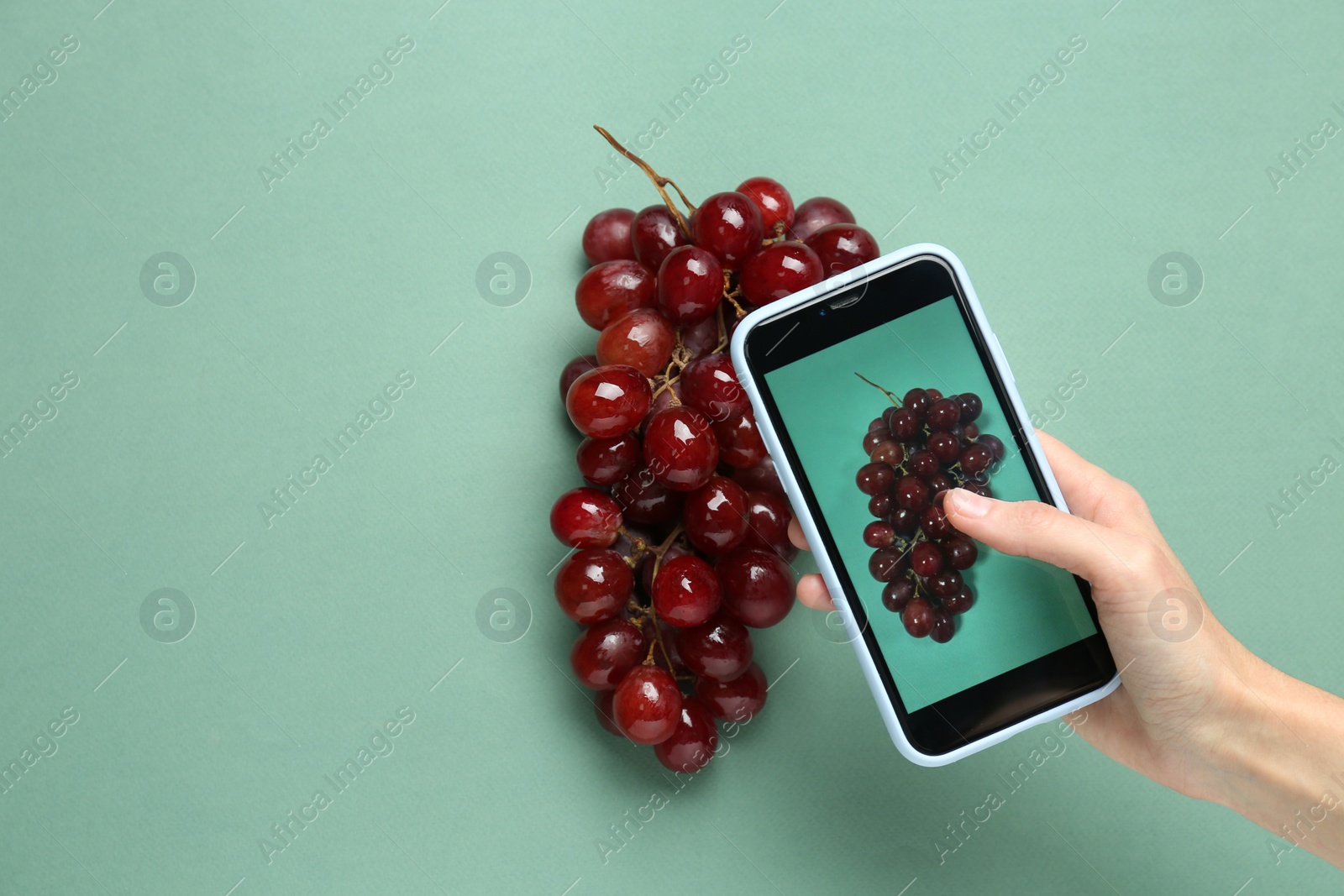 Photo of Woman taking photo of fresh ripe grapes on turquoise background, top view. Space for text