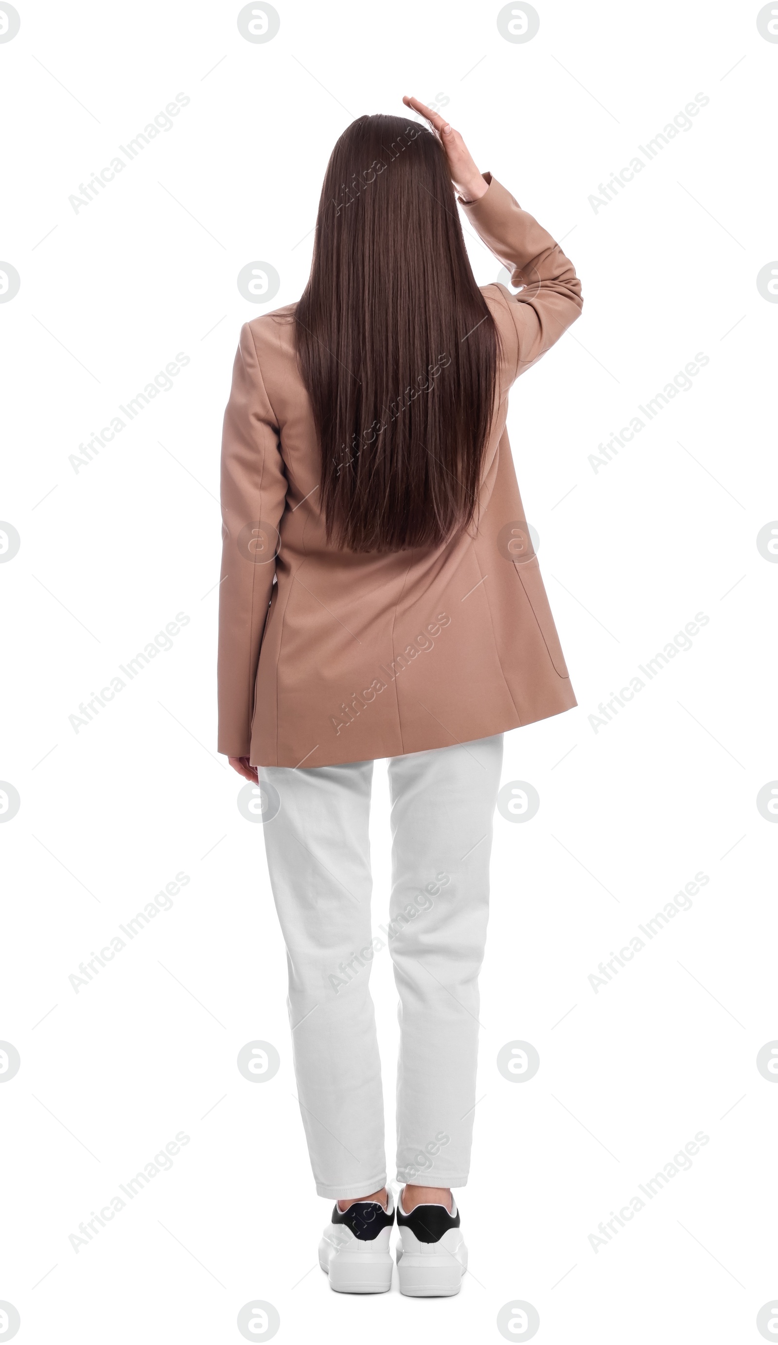 Photo of Businesswoman in suit on white background, back view