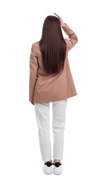 Businesswoman in suit on white background, back view