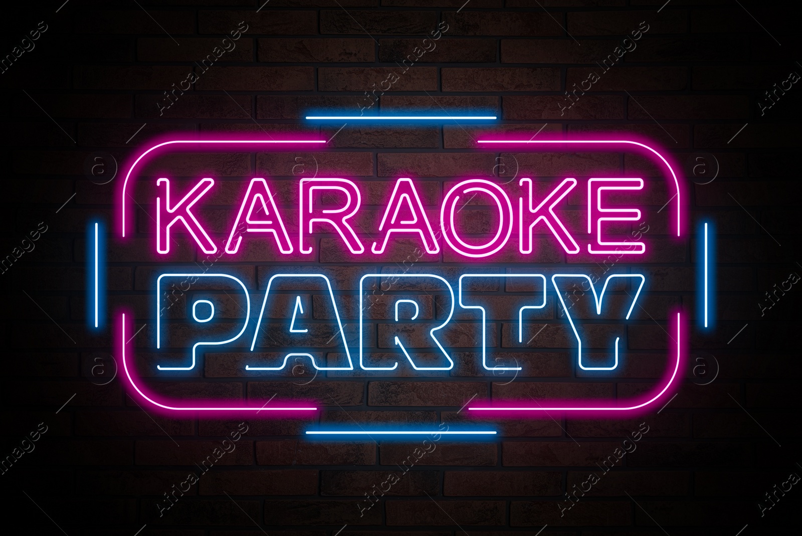 Illustration of Glowing neon sign with words Karaoke Party on brick wall