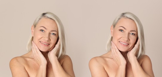 Image of Photo before and after retouch, collage. Portrait of beautiful mature woman on beige background, banner design