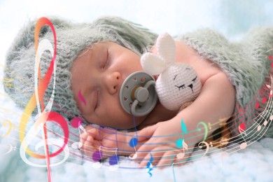 Image of Lullaby songs. Cute little baby sleeping at home. Illustration of flying music notes around child