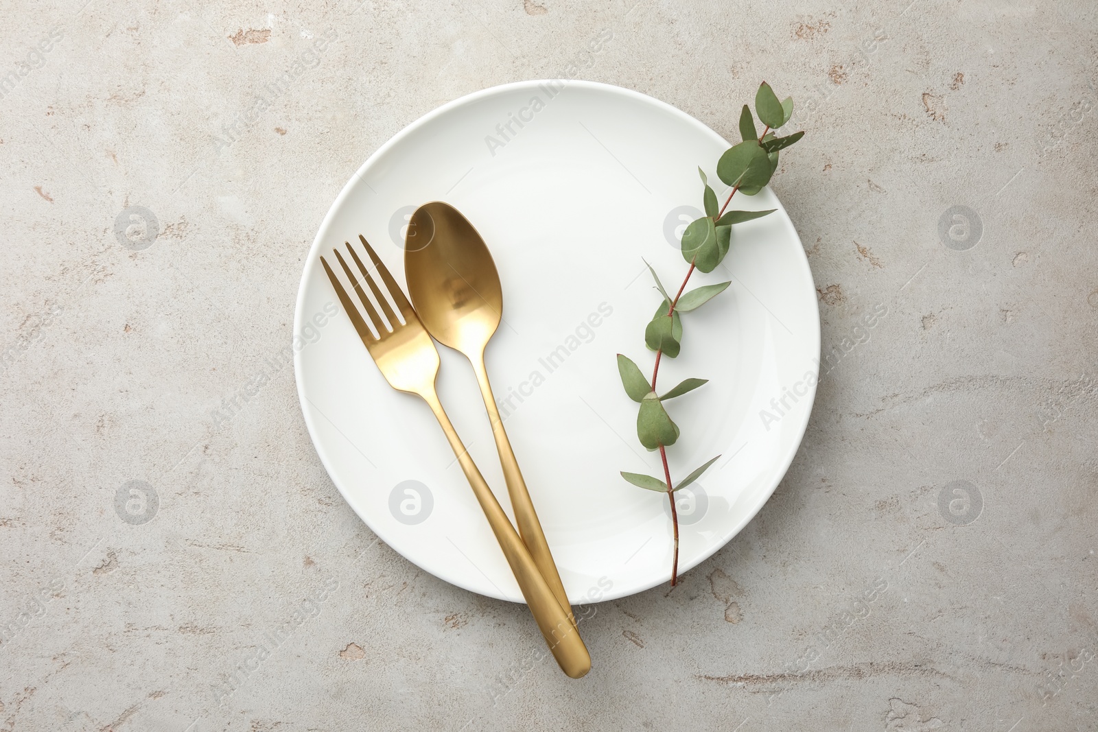 Photo of Stylish setting with cutlery, eucalyptus branch and plate on light grey table, top view