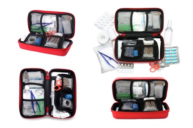 Image of Collage with first aid kit on white background, top and side views