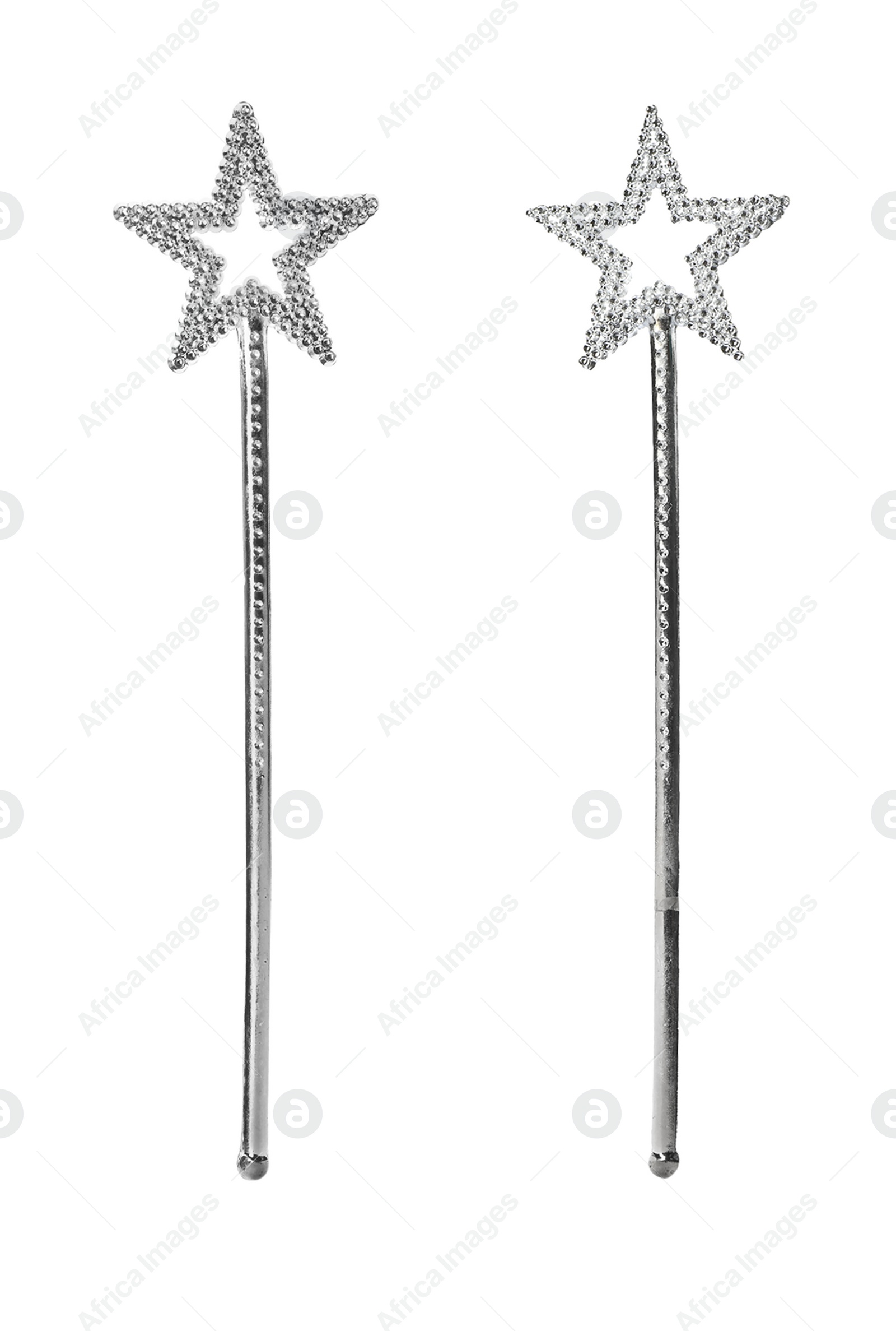 Image of Beautiful silver magic wands on white background, collage