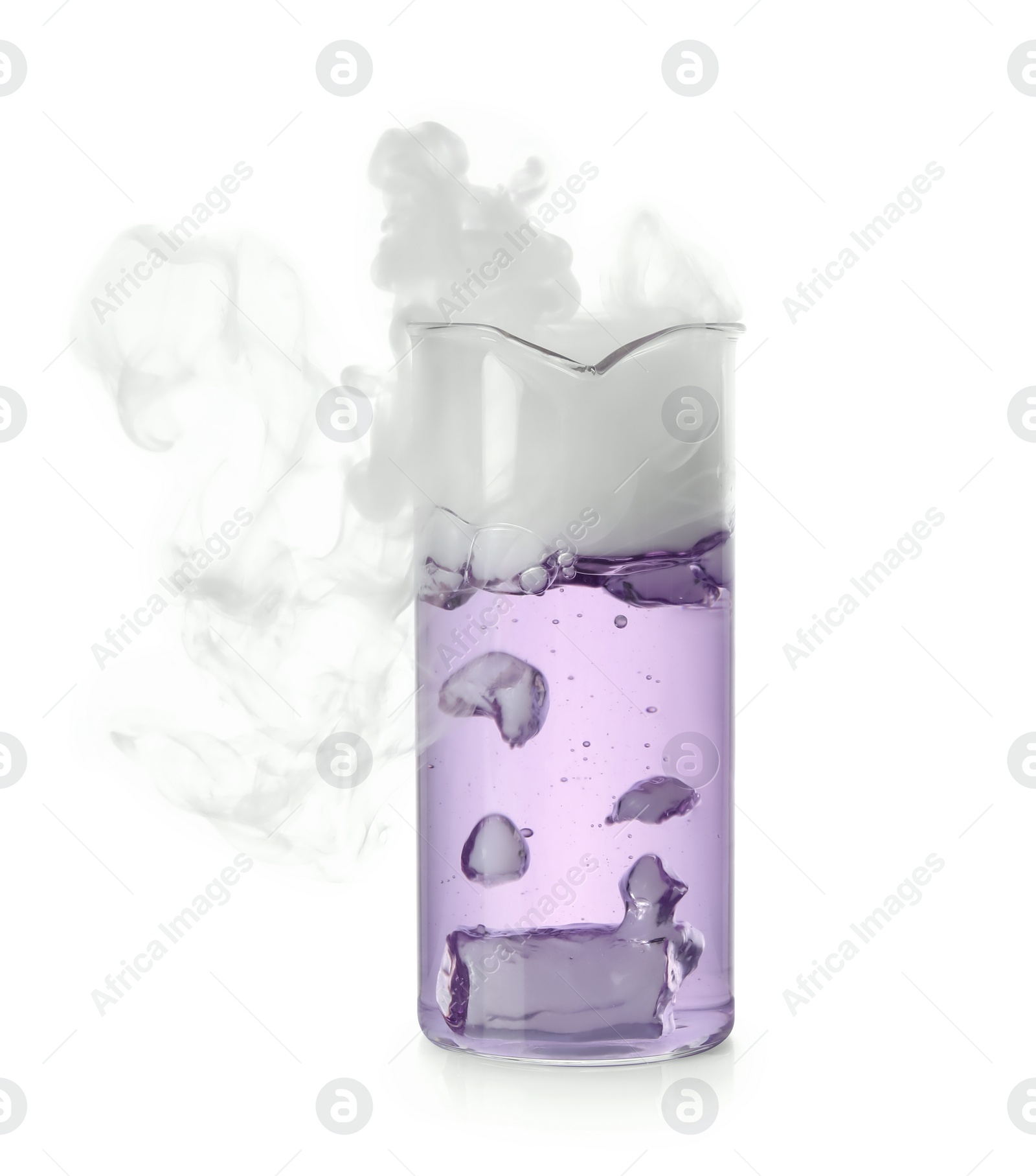 Photo of Laboratory beaker with colorful liquid and steam isolated on white. Chemical reaction