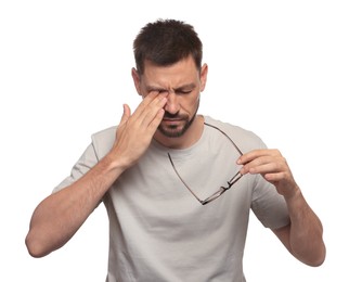 Photo of Man suffering from eyestrain on white background