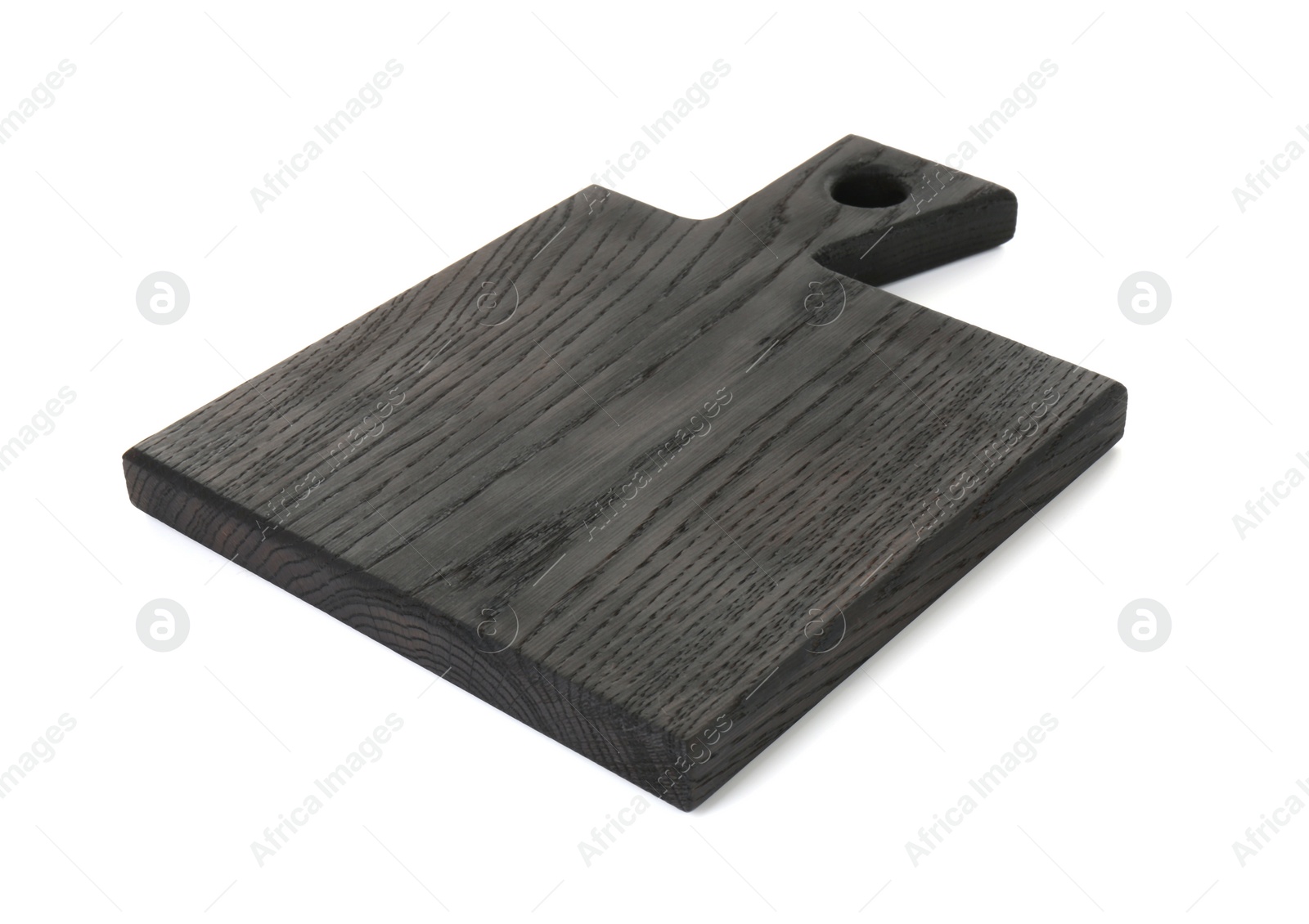 Photo of Black wooden cutting board isolated on white