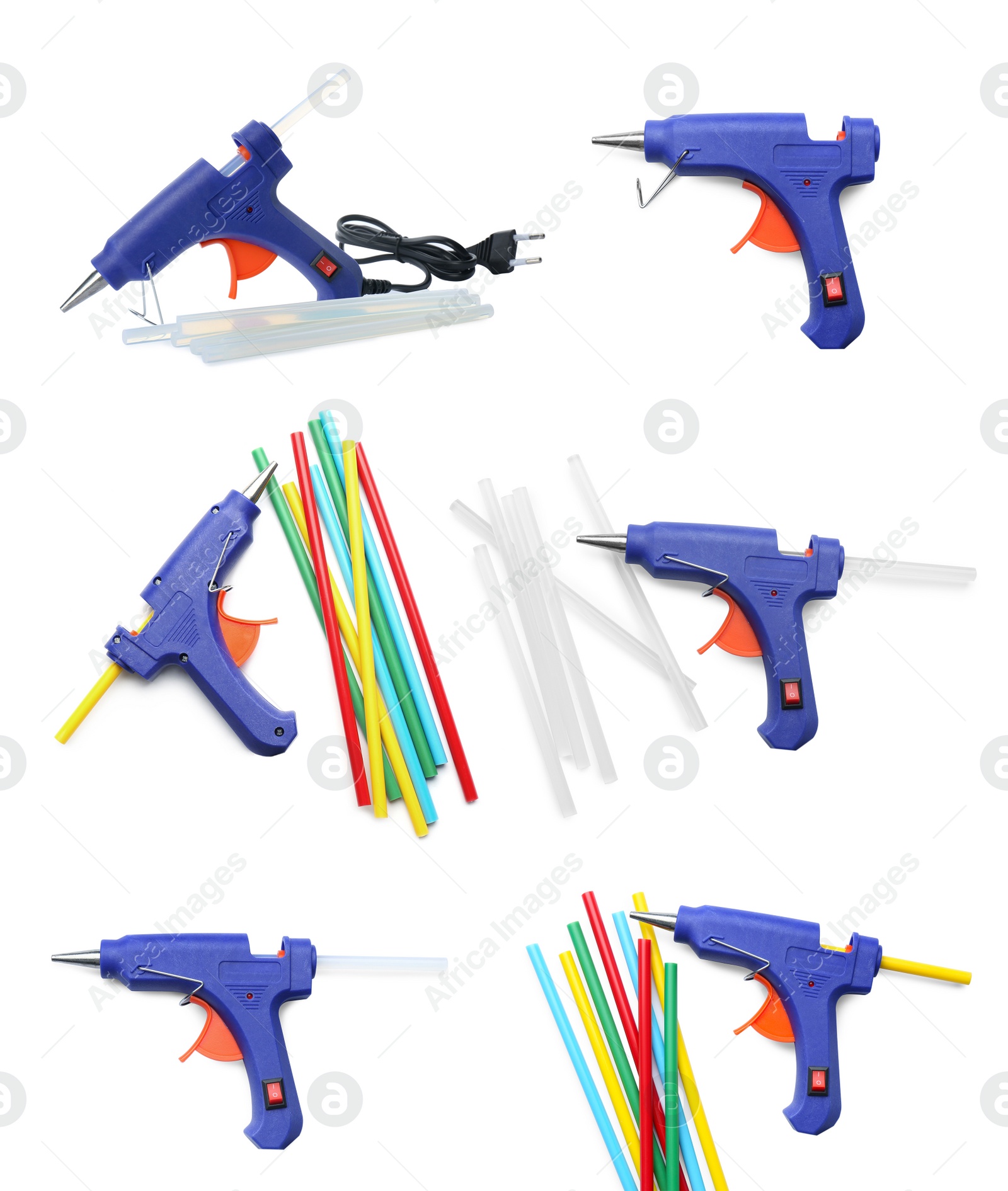 Image of Set with blue glue guns with sticks on white background