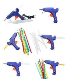 Set with blue glue guns with sticks on white background