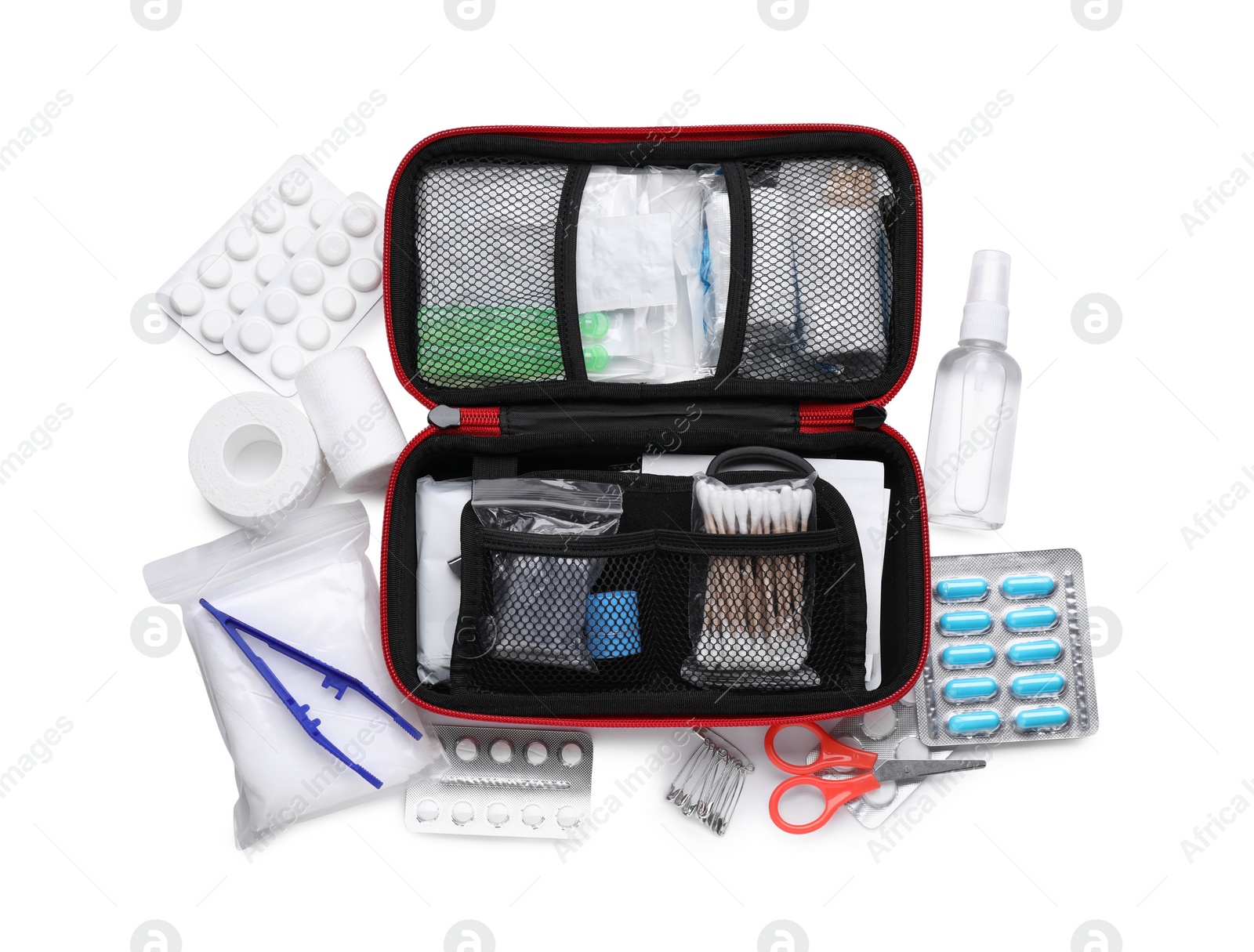 Photo of First aid kit, scissors, pins, cotton buds, pills, plastic forceps, hand sanitizer, medical plaster and elastic bandage isolated on white, top view