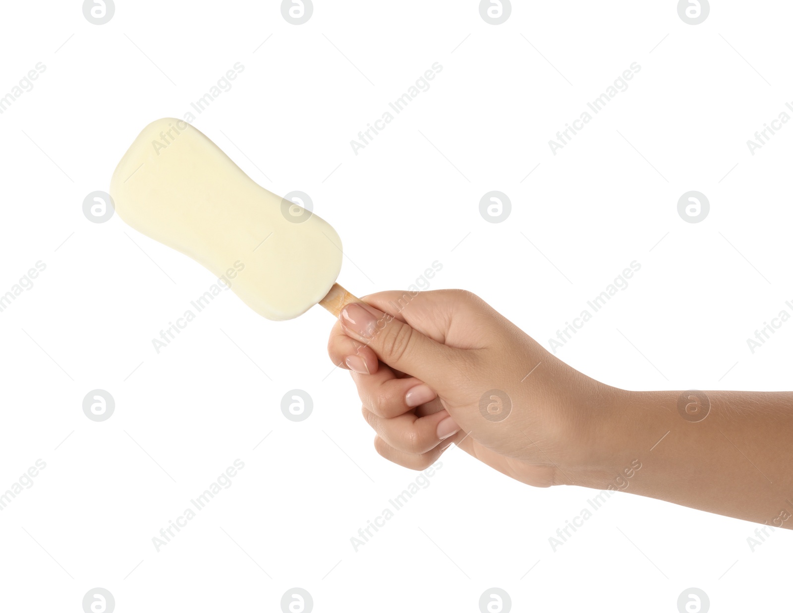 Photo of Woman holding glazed ice cream on white background, closeup