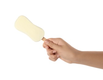 Photo of Woman holding glazed ice cream on white background, closeup