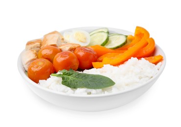 Delicious poke bowl with meat, rice, eggs and vegetables isolated on white