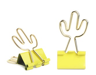 Image of Cactus shaped binder clips on white background, collage