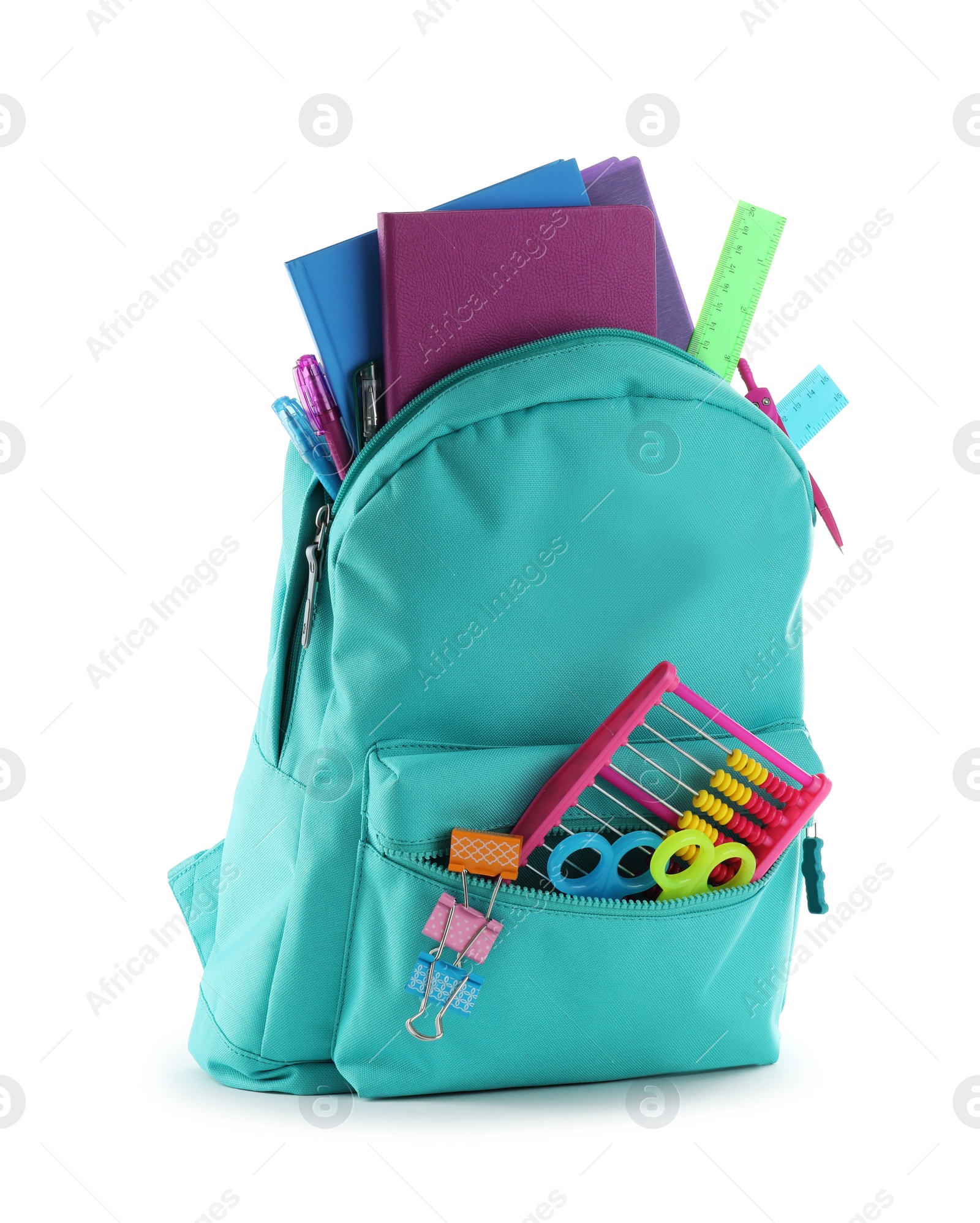 Photo of Bright backpack with school stationery isolated on white